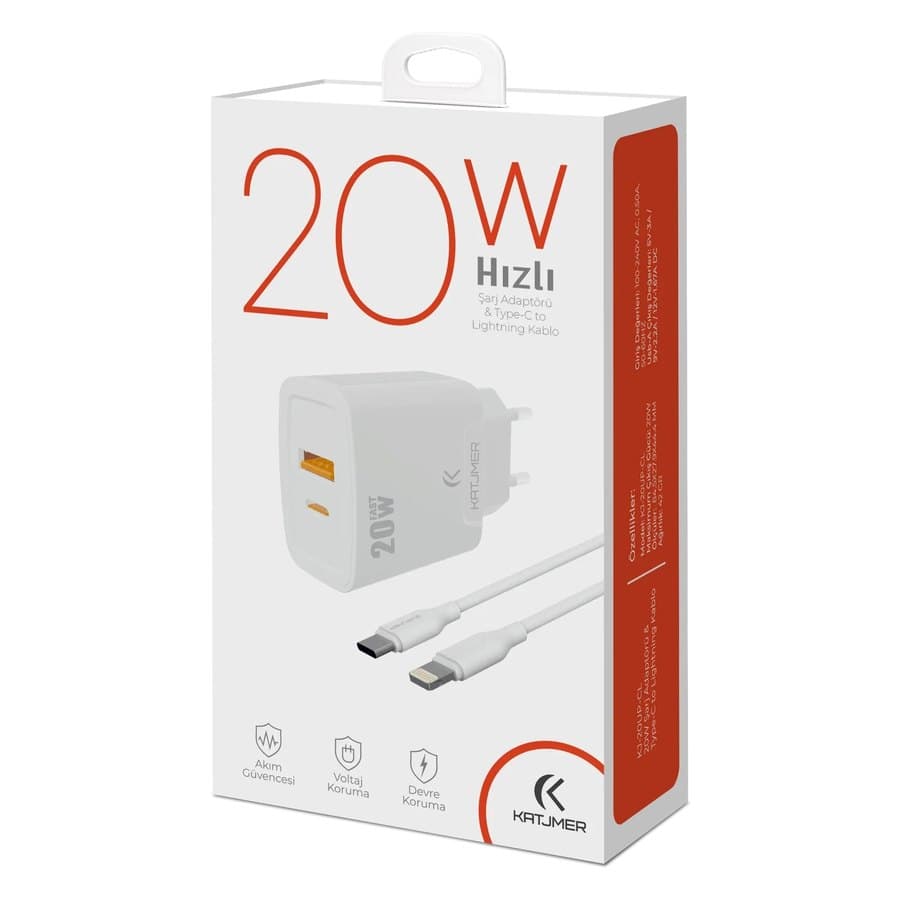 Katjmer KJ-20UP-CL 20W USB-PD Şarj Adaptörü + Type-C to Lightning Kablo ürün görseli Detay