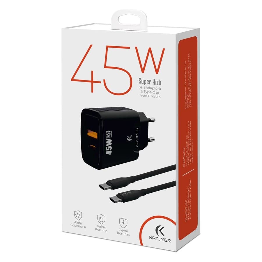 Katjmer KJ-45UP-CC 45W USB-PD Şarj Adaptörü + Type-C to Type-C Kablo ürün görseli Detay